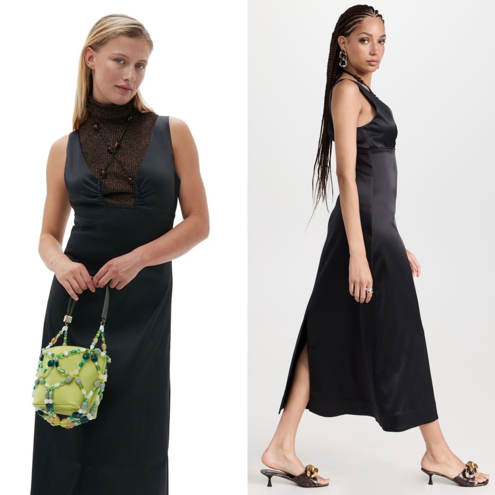 GANNI Satin Beaded Crisscross Halter Tie V-Neck Empire Waist Sleeveless Dress‎ S - Picture 2 of 14